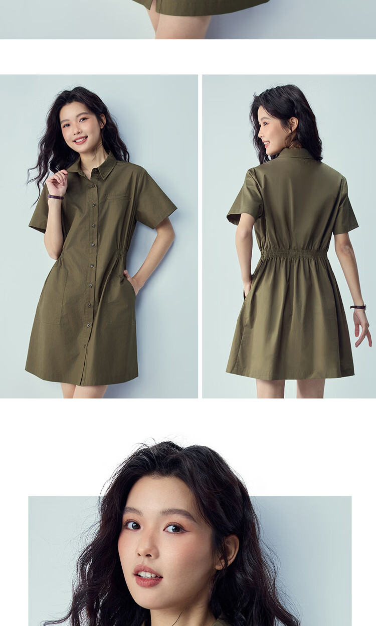 Giordano Women's New Pure Cotton Commuter Shirt Dress Pleated Waist Tucked Lapel Short Sleeve Dress 05466341 12