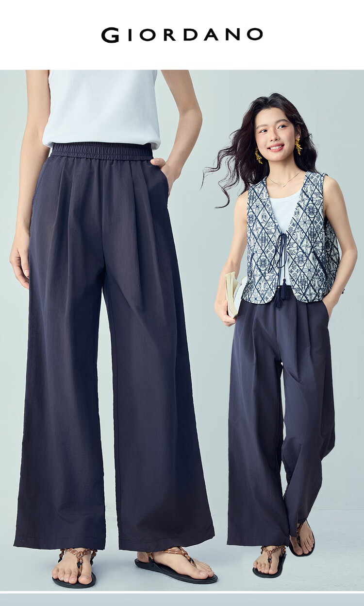 Giordano Women's New Black Technology Cooling Pleated Elastic Waist Wide-Leg Casual Pants 05416325 3