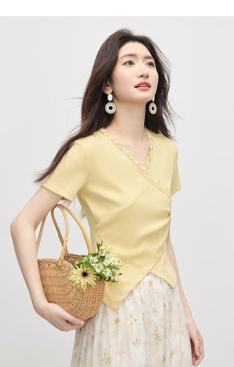 Sllsky Lace Trim V-Neck Short Sleeve T-Shirt Summer Women's Petite Irregular Slim Waist Cropped Top 16