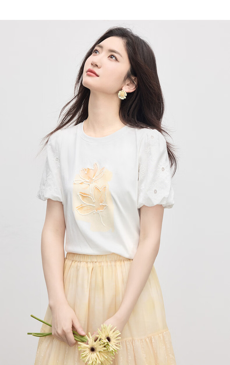 Sllsky "Good Luck Lotus" Bud Short Sleeve T-Shirt Women 2026 Summer Plant Print Crew Neck Top 12