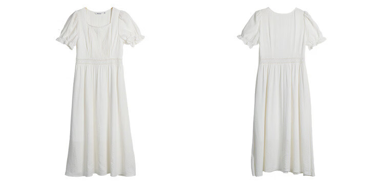 Olrain Lace Short Sleeve Square Neck Dress Summer Women's French Country Mid-Length Dress Off-White M 20