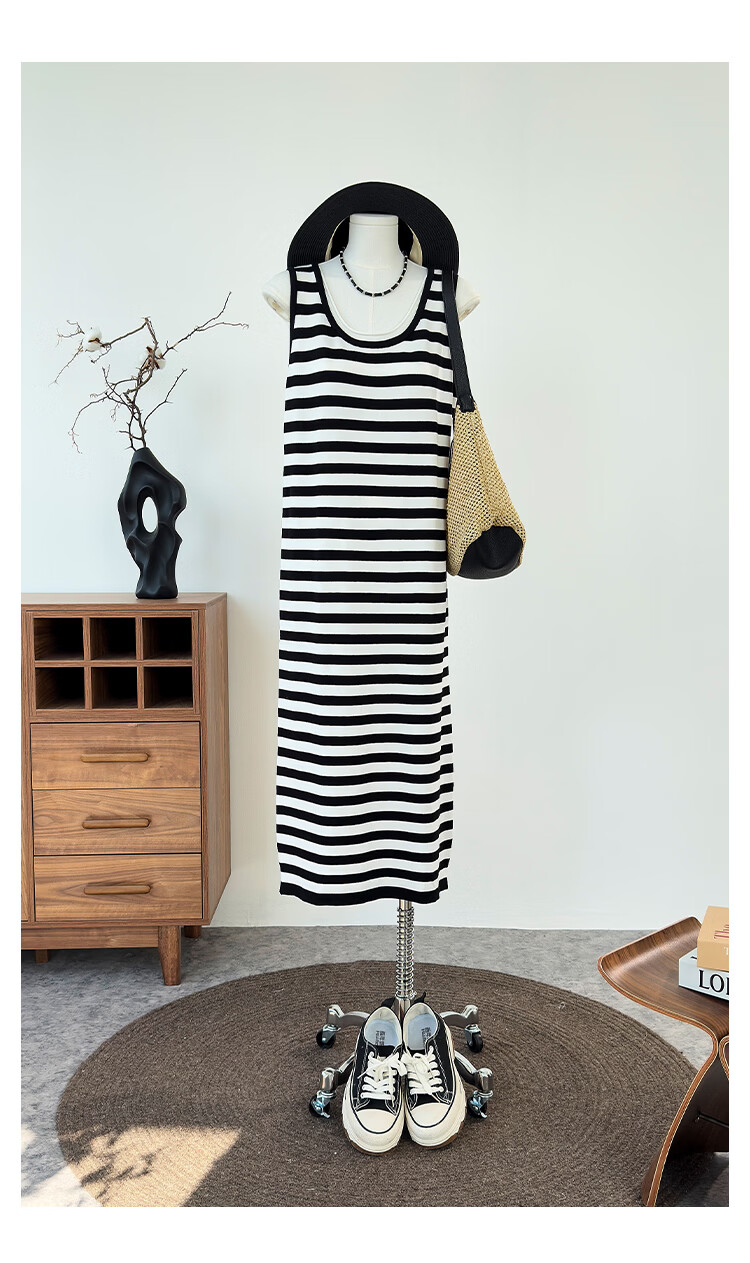 ENC Black and White Striped Vest Dress Loose Straight Fit Youthful 2026 Women's Spring Summer Casual Workwear Versatile Dress 20
