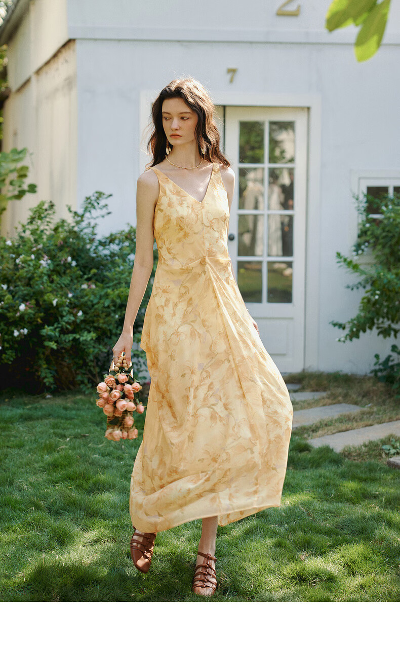 Olrain Oureier Summer New V-Neck Vest Dress Layered Pleated Deconstructed Vacation Style Printed Long Dress Yellow M 10