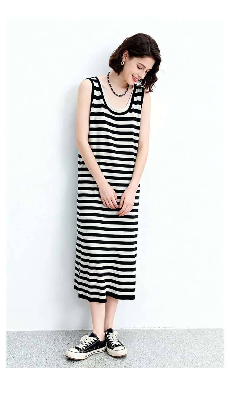 ENC Black and White Striped Vest Dress Loose Straight Fit Youthful 2026 Women's Spring Summer Casual Workwear Versatile Dress 14