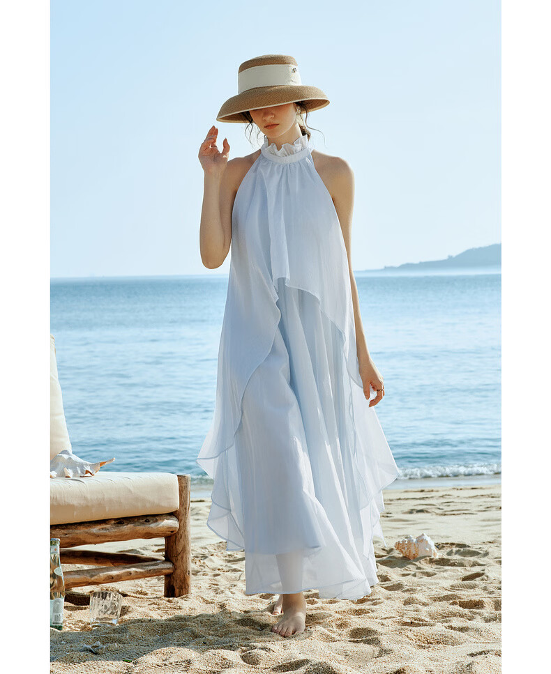 Olrain Lenzing Lyocell Summer Dress Vacation Style Women's Sheer Ruffle Halter Neck Long Dress Blue XL 13
