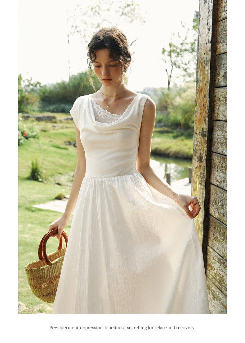 Olrain Eurielle Summer Lyocell Dress French Asymmetric Off-Shoulder Lace Splice Waist Dress White L 10