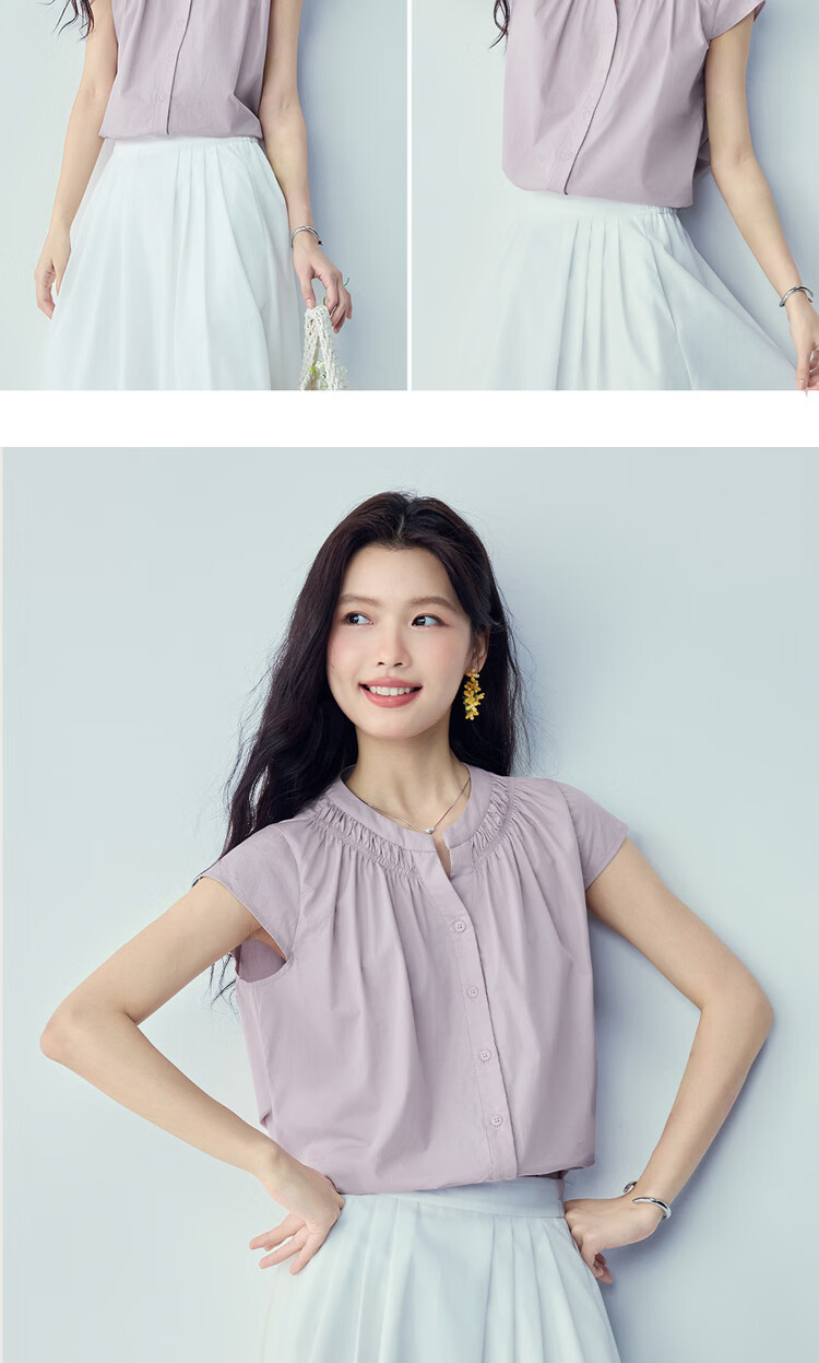 Giordano Women's Summer New Pure Cotton Loose V-Neck Short Sleeve Shirt with Small Flying Sleeves 05346490 17