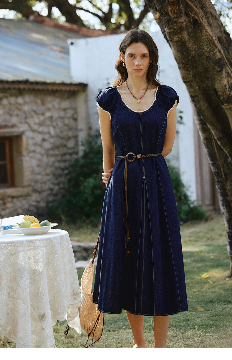 Olrain Eurielle Summer New Retro U-Neck Waist-Slimming Fitted Versatile Denim Dress for Women Denim Blue S 13
