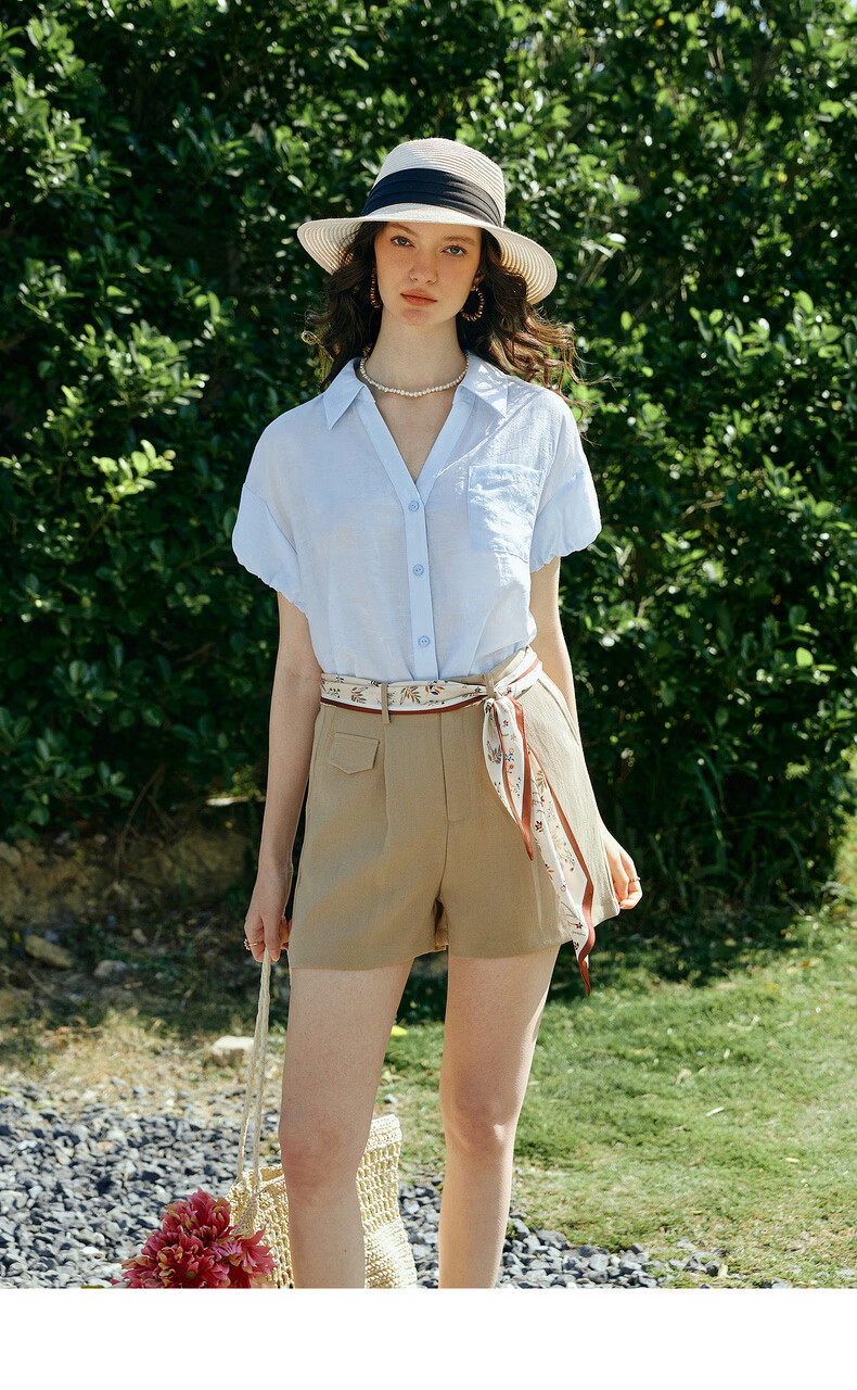 Olrain Eurier Summer New Tencel Puff Sleeve V-Neck Short Sleeve Shirt Women Loose Commuting Top Blue S 12