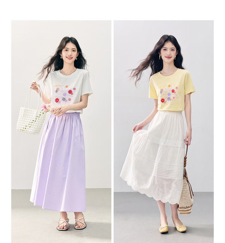 Sllsky Korean Style Floral Print Shoulder T-Shirt Women 2026 Summer New White Round Neck Short Sleeve Top 7