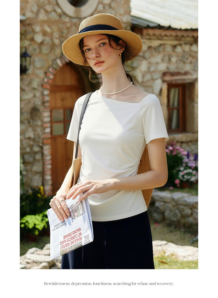 Olrain Eurielle French Lenzing Summer New Irregular Waist Slimming Commuter Short Sleeve T-Shirt Women Top Coffee Color S 14