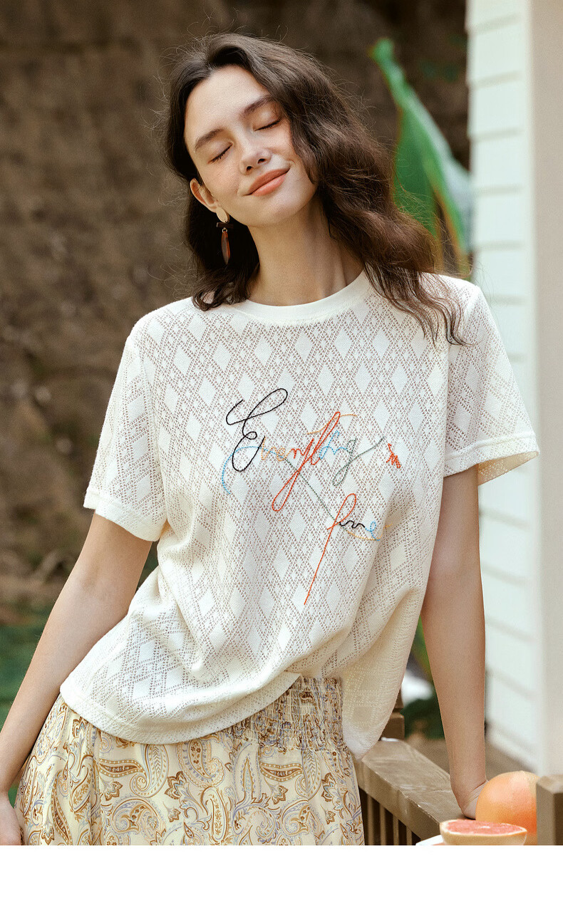 Olrain Summer New Round Neck Textured Hollow Jacquard Embroidered Short Sleeve Knit T-Shirt Women Off-White M 11
