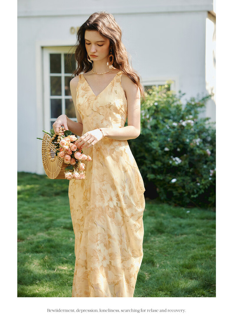 Olrain Oureier Summer New V-Neck Vest Dress Layered Pleated Deconstructed Vacation Style Printed Long Dress Yellow M 11