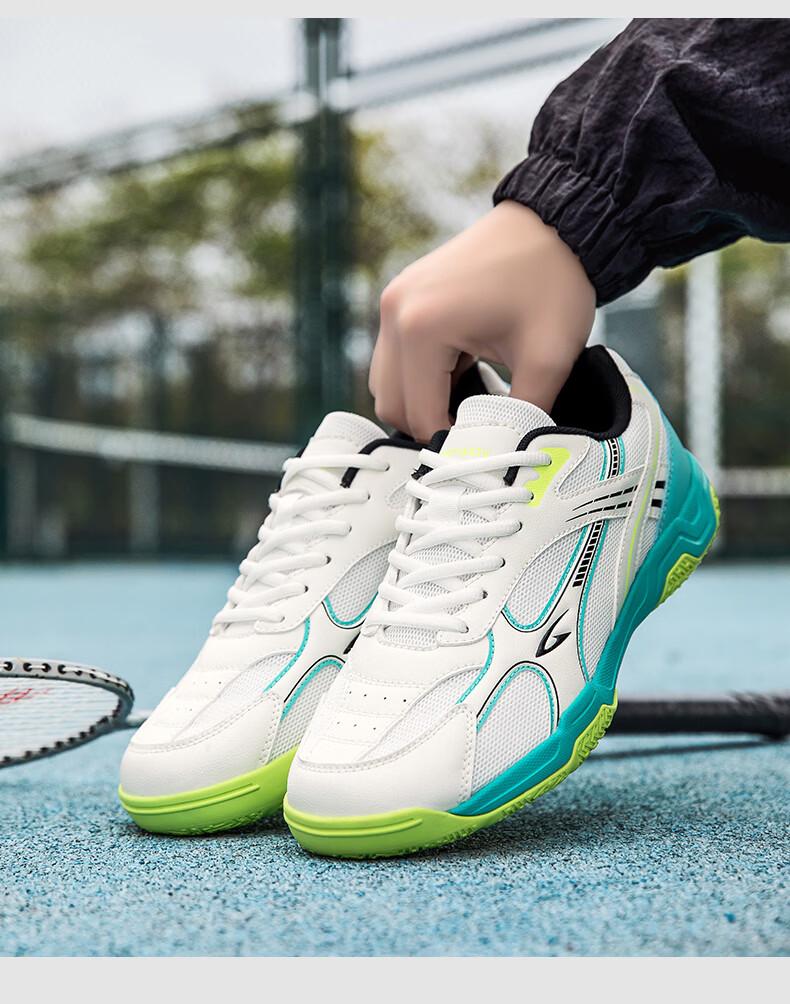 DEERWAY Unisex Badminton Shoes Professional Training Shock Absorption Durable Rubber Soft Sole Sports Shoes White Blue 43 13