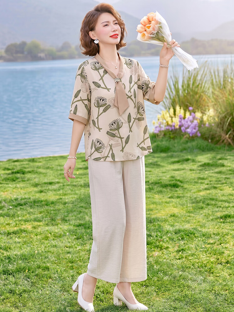 Fengxiao Summer Set for Women 2026 New High-End Stylish Shirt for 50-60 Year Old Trendy Middle-Aged Moms 5