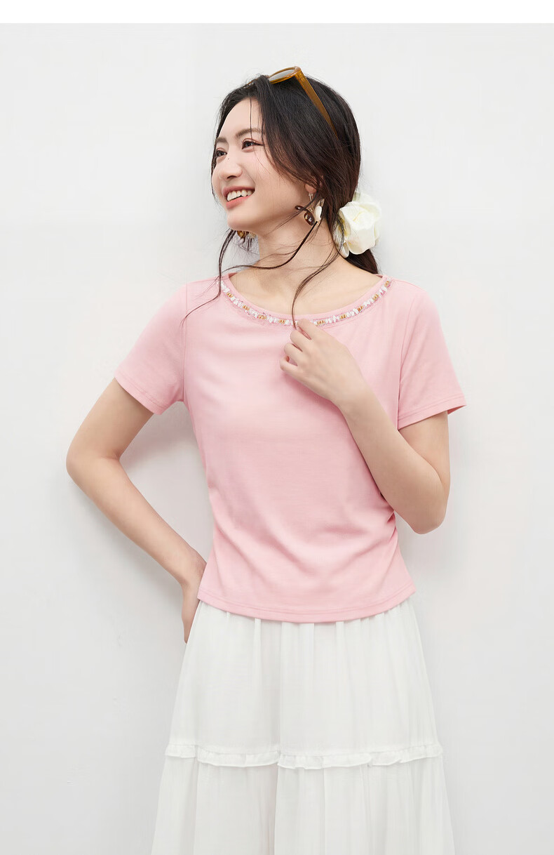 Shangdu Bila Korean Style Elegant Cotton Blend T-Shirt Women Summer Beaded Lace Round Neck Knit Top Slim Fit Short Sleeve Inner Wear 32