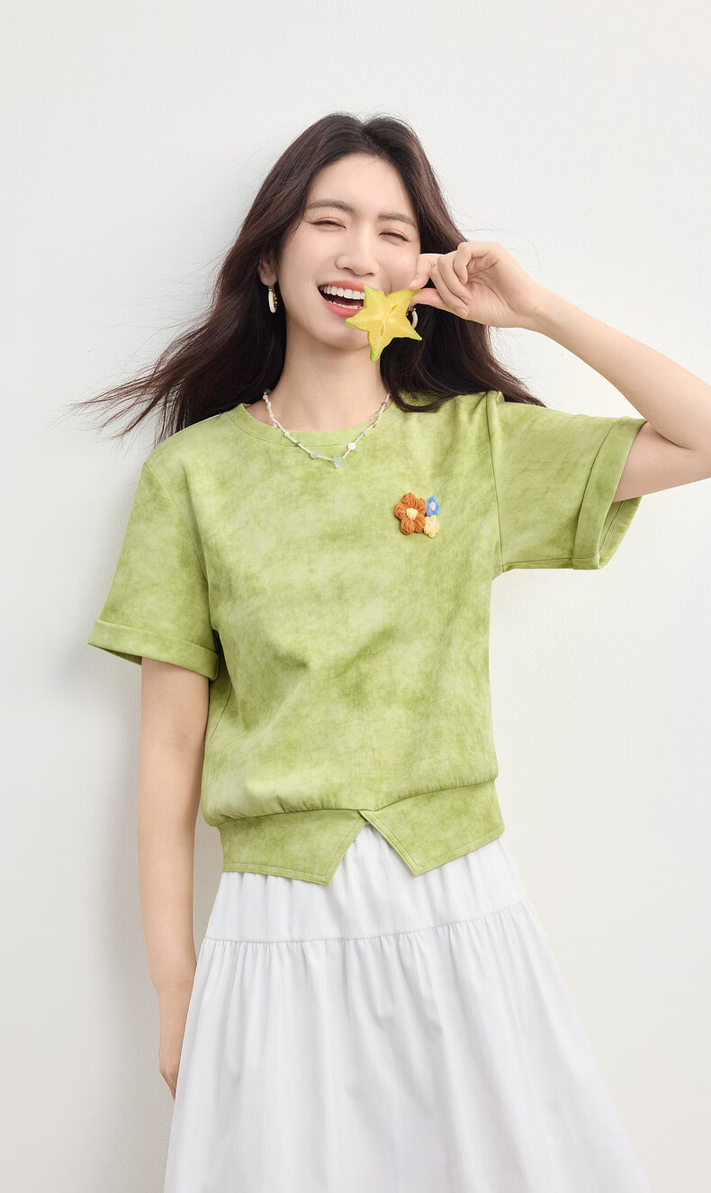 Sllsky Handmade 3D Crochet Tie-Dye Short Sleeve T-Shirt Women Straight Shoulder Crew Neck Cropped Top 2026 Summer New Arrival 2