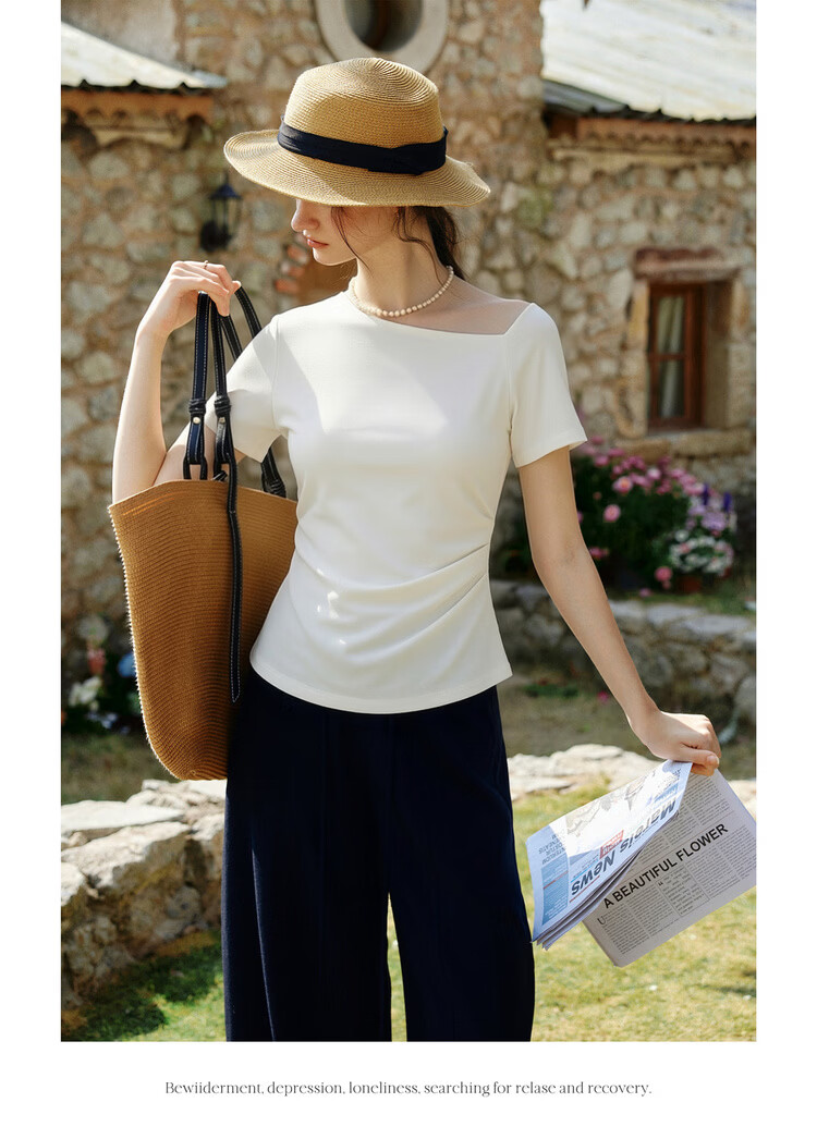 Olrain Eurielle French Lenzing Summer New Irregular Waist Slimming Commuter Short Sleeve T-Shirt Women Top Coffee Color S 11