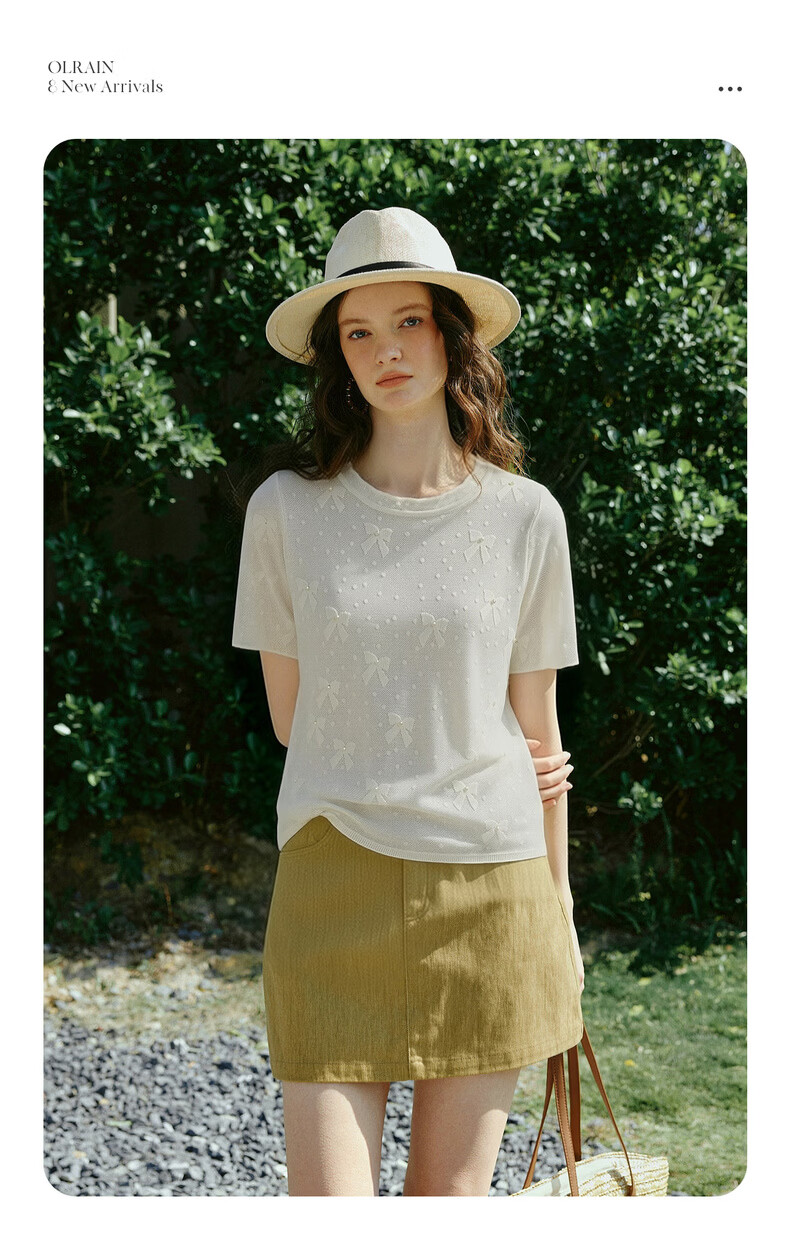 Olrain Summer New Bow Jacquard Pearl Embellished Short Sleeve Knit Top for Women Off-White XL 2