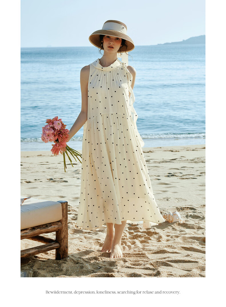 Olrain French Style Polka Dot Ruffled Neck Tie Loose Sleeveless Long Dress for Women, Polka Dot, Size S 14