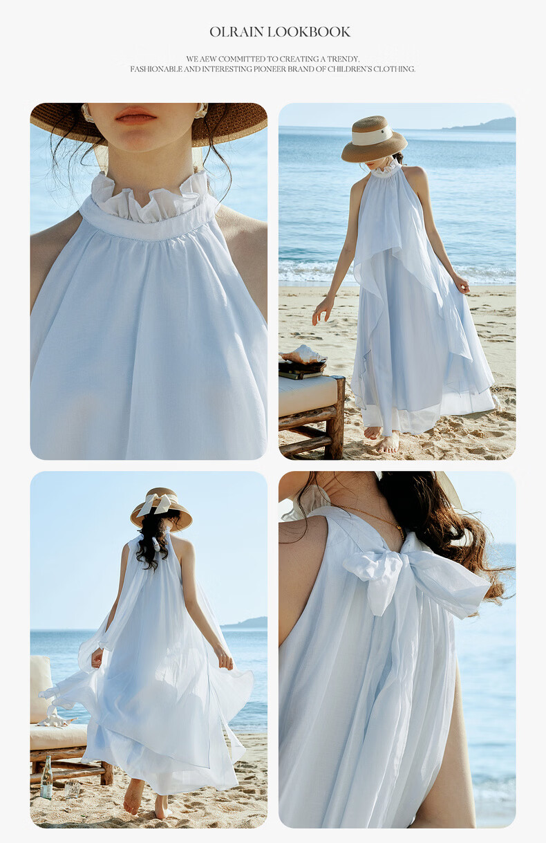 Olrain Lenzing Lyocell Summer Dress Vacation Style Women's Sheer Ruffle Halter Neck Long Dress Blue XL 7