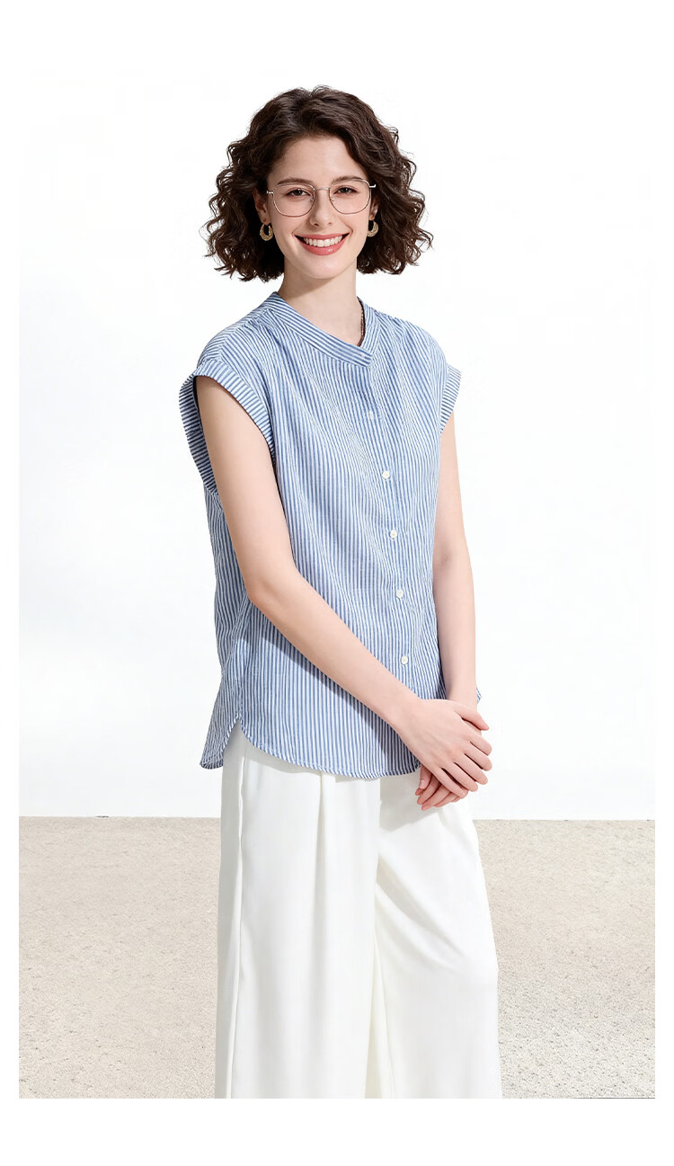 ENC Japanese Style Flutter Sleeve Shirt Summer Girl Fresh Short Sleeve Blue Striped Lazy Feel Shirt Design Top 15