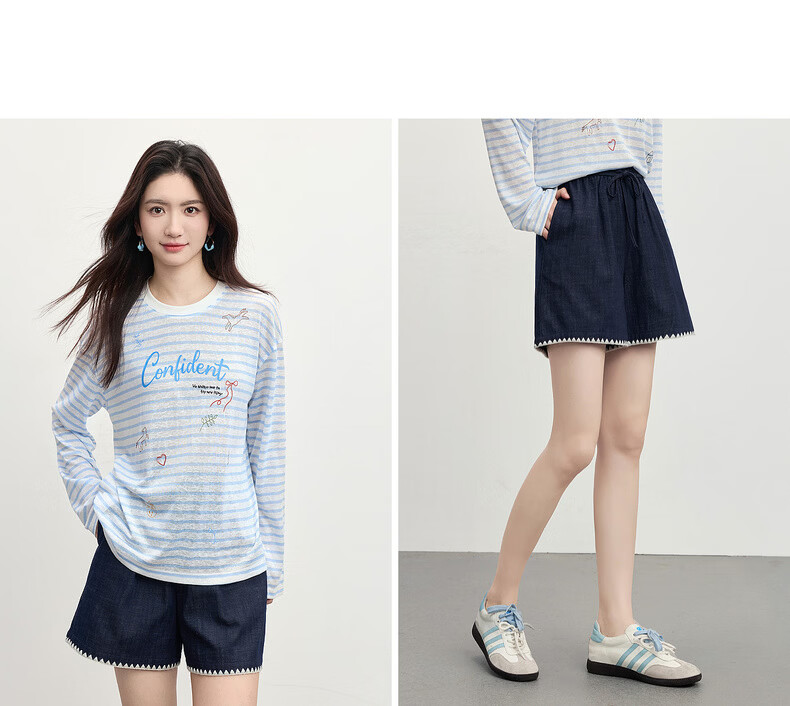Sllsky Colorblock Shell Embroidered A-Line Denim Shorts for Women Summer Elastic Waist Vintage Petite Casual Wide-Leg Pants 16