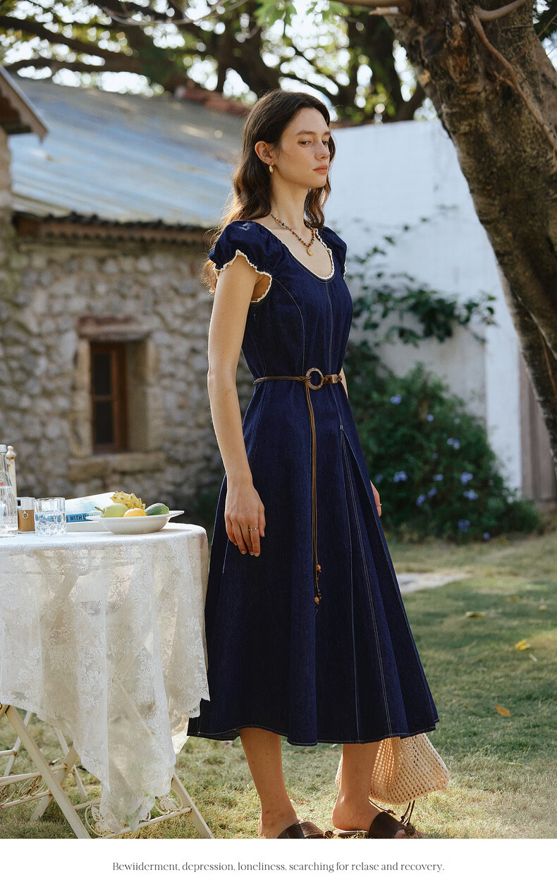 Olrain Eurielle Summer New Retro U-Neck Waist-Slimming Fitted Versatile Denim Dress for Women Denim Blue S 7