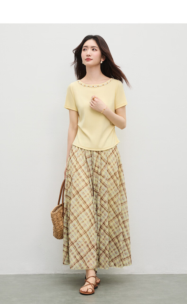 Shangdu Bila Korean Style Elegant Cotton Blend T-Shirt Women Summer Beaded Lace Round Neck Knit Top Slim Fit Short Sleeve Inner Wear 3