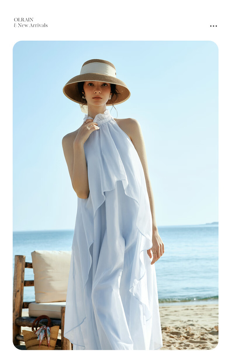 Olrain Lenzing Lyocell Summer Dress Vacation Style Women's Sheer Ruffle Halter Neck Long Dress Blue XL 3