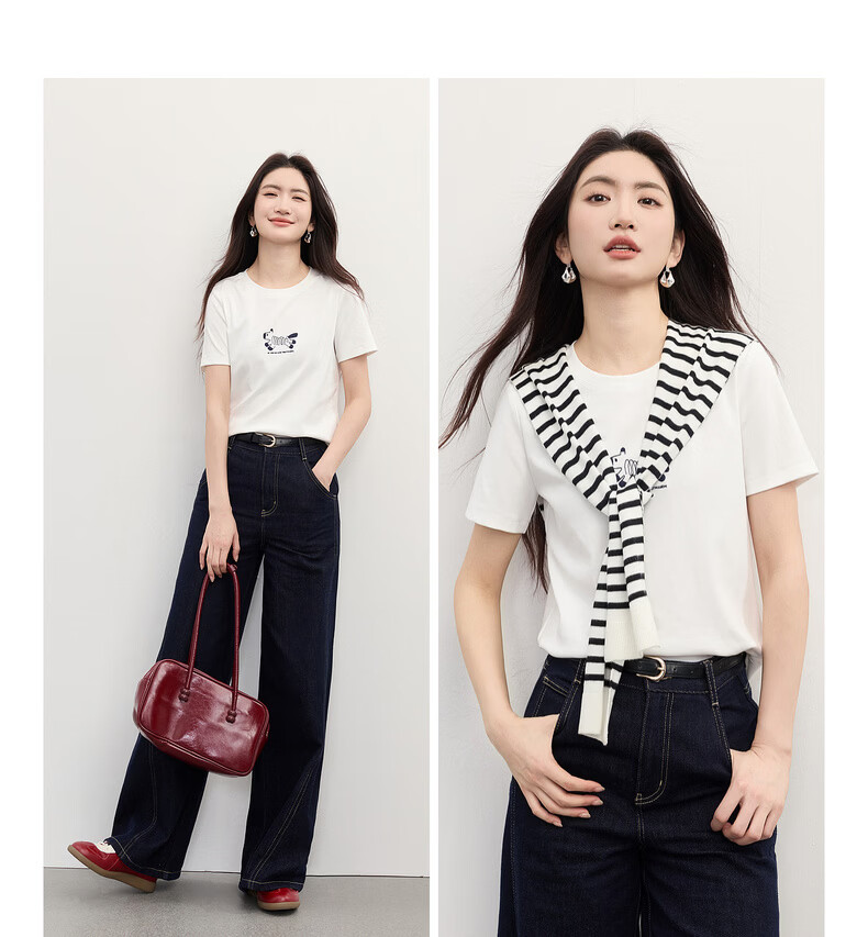 Sllsky 【Qiji Gallop】Printed Short Sleeve T-Shirt for Women, Drop Shoulder, Trendy Youthful Tee, Summer 2026 7