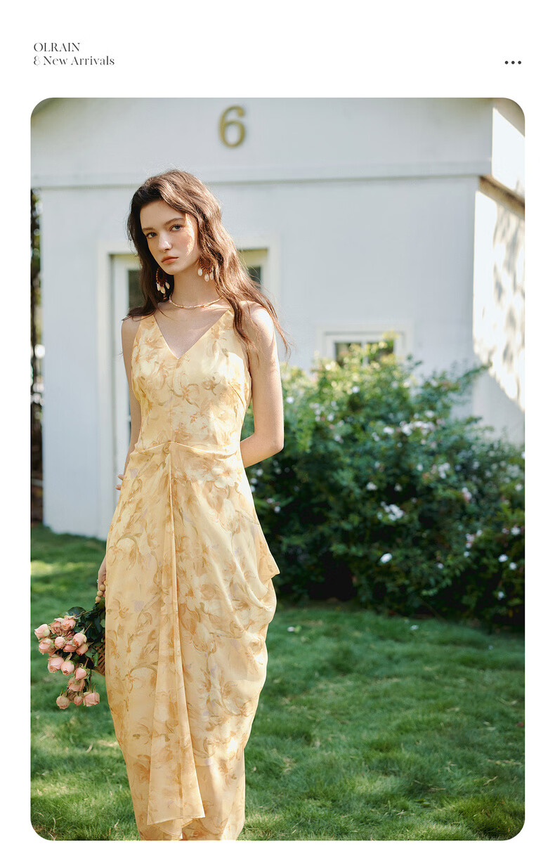 Olrain Oureier Summer New V-Neck Vest Dress Layered Pleated Deconstructed Vacation Style Printed Long Dress Yellow M 2