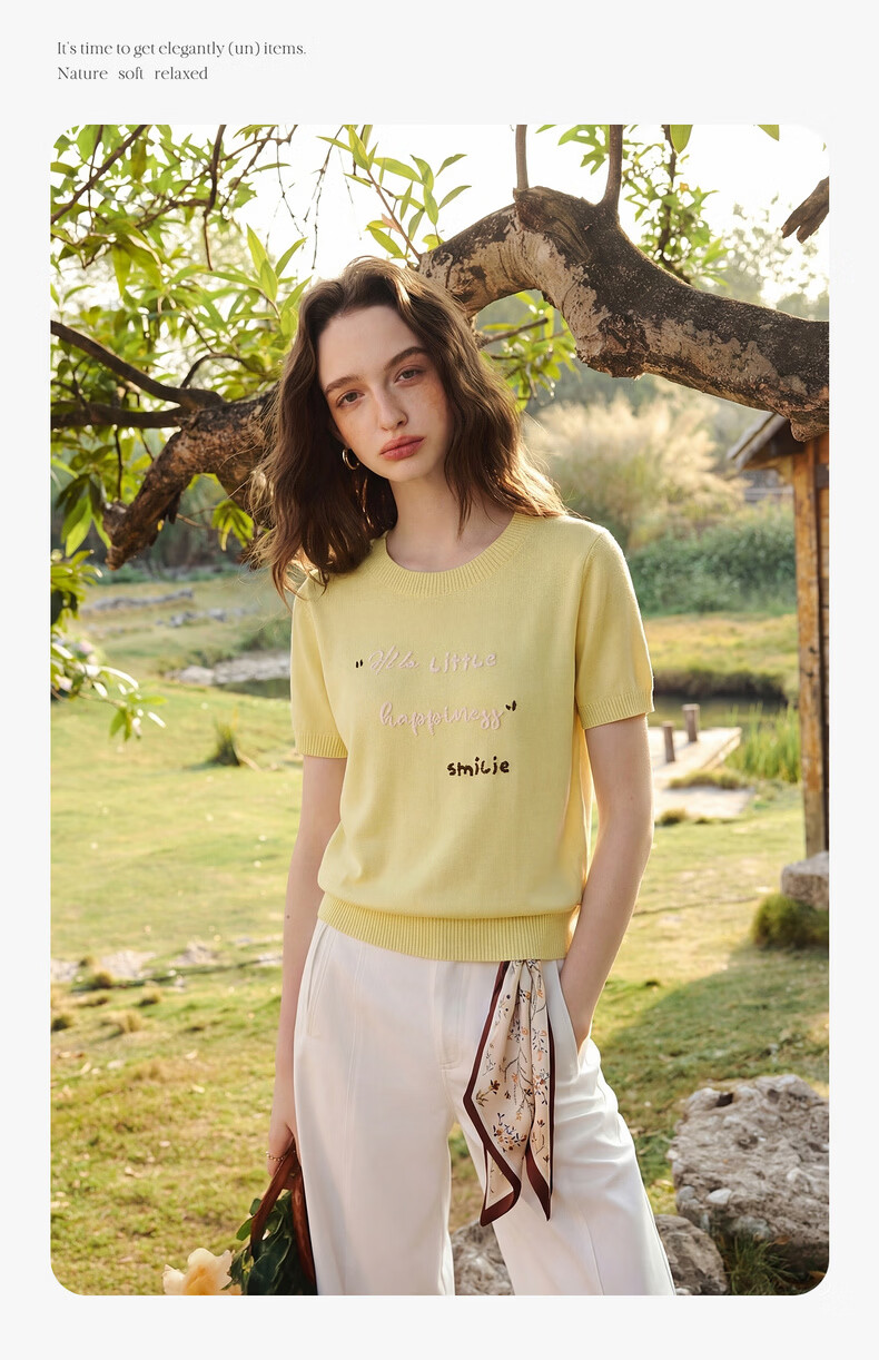 Olrain Summer New Short 3D Letter Embroidered Crew Neck Short Sleeve Knit Top for Women Yellow S 6