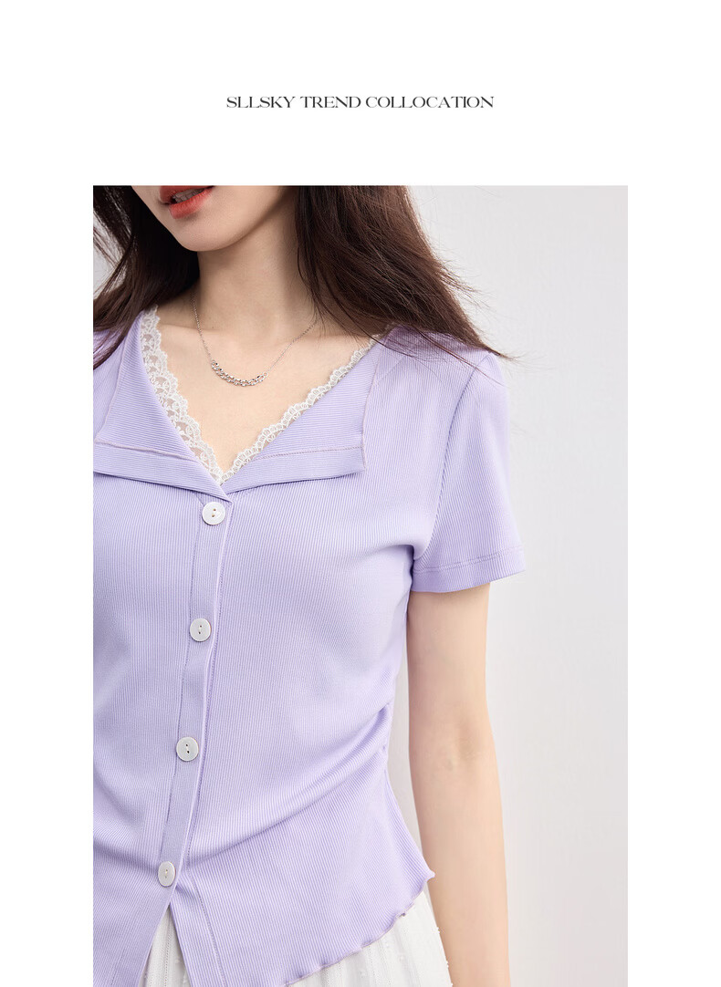 Sllsky Slow Style Lace Splice V-Neck T-Shirt Women Short Sleeve Fashionable Designer Top 2026 Summer New Arrival 16