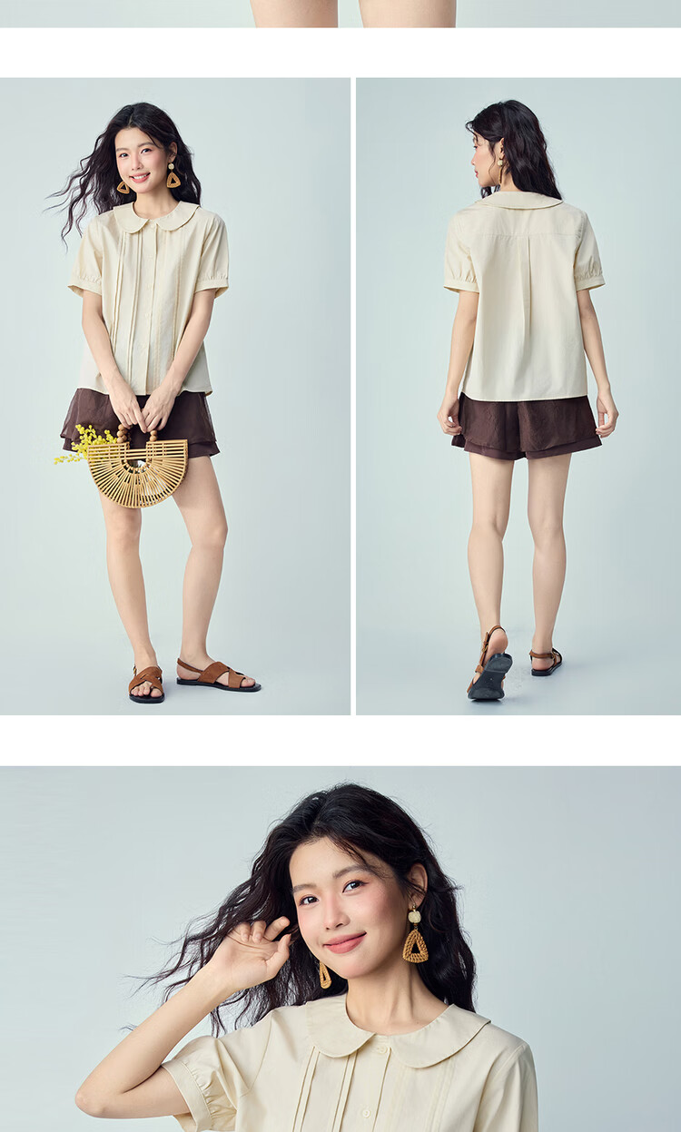 Giordano 2026 Summer New Pure Cotton Loose Pleated Doll Collar Puff Sleeve Shirt for Women 13346215 14