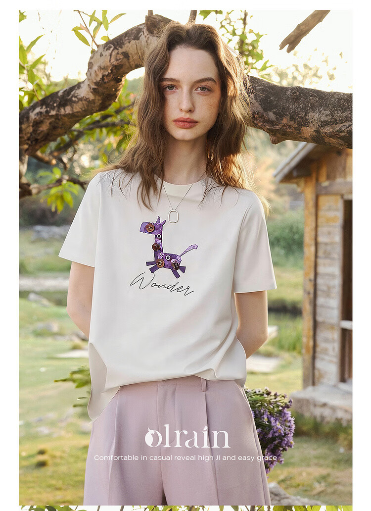Olrain Women's Casual Commuter Cotton Short Sleeve T-Shirt with Pony Print Summer New Round Neck Top Black L 24