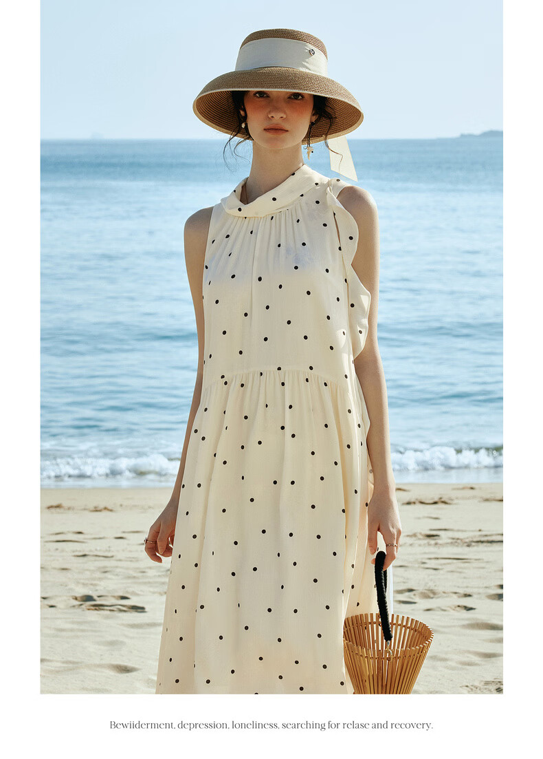 Olrain French Style Polka Dot Ruffled Neck Tie Loose Sleeveless Long Dress for Women, Polka Dot, Size S 11