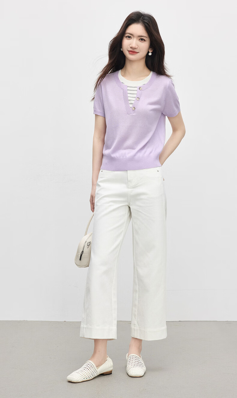 Sllsky Women's Purple Striped Patchwork Knit Top Thin Round Neck Short Sleeve 2026 Summer 5