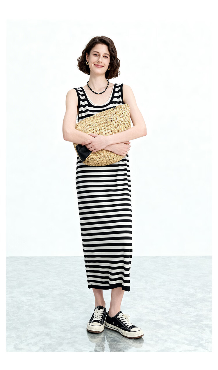 ENC Black and White Striped Vest Dress Loose Straight Fit Youthful 2026 Women's Spring Summer Casual Workwear Versatile Dress 13