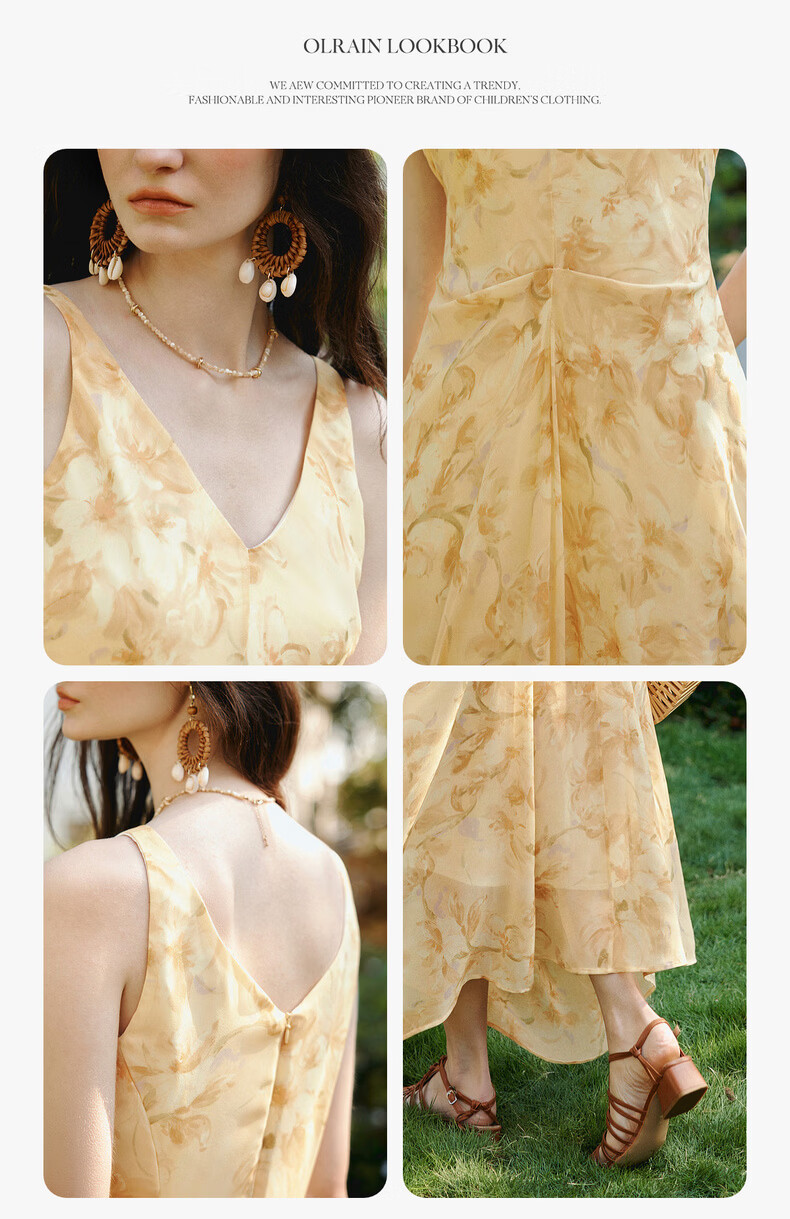 Olrain Oureier Summer New V-Neck Vest Dress Layered Pleated Deconstructed Vacation Style Printed Long Dress Yellow M 6