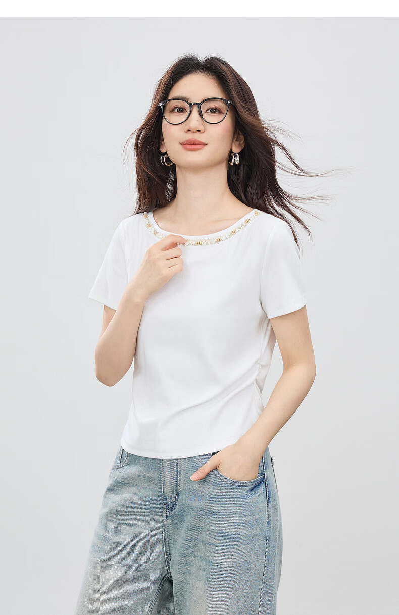 Shangdu Bila Korean Style Elegant Cotton Blend T-Shirt Women Summer Beaded Lace Round Neck Knit Top Slim Fit Short Sleeve Inner Wear 33