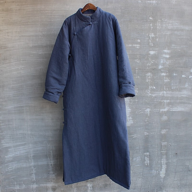 冬亚麻棉袍男立领棉衣中国风大码棉袄长款唐装盘扣大襟斜襟民国 黑色