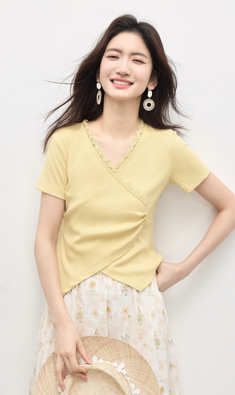 Sllsky Lace Trim V-Neck Short Sleeve T-Shirt Summer Women's Petite Irregular Slim Waist Cropped Top 5