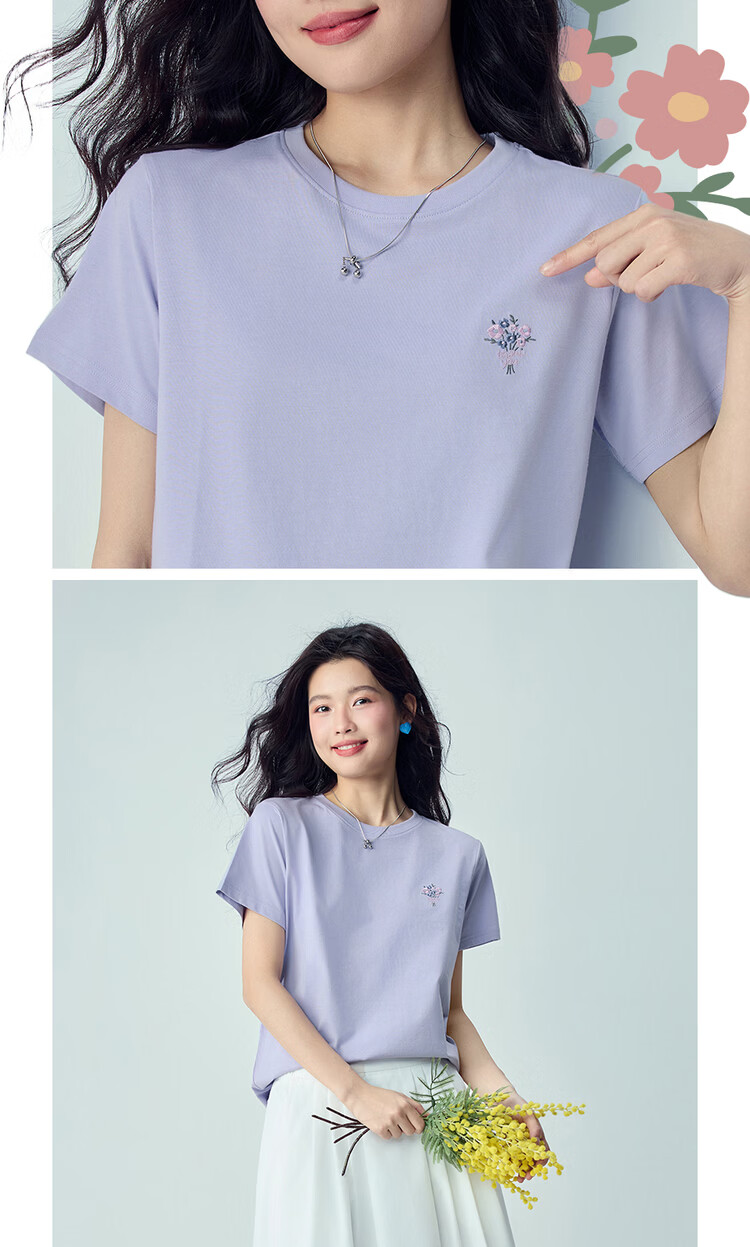 Giordano Women's Short Sleeve T-Shirt 2026 Summer New Pure Cotton Bouquet Embroidery Forest Style Crew Neck Top 13326321 12