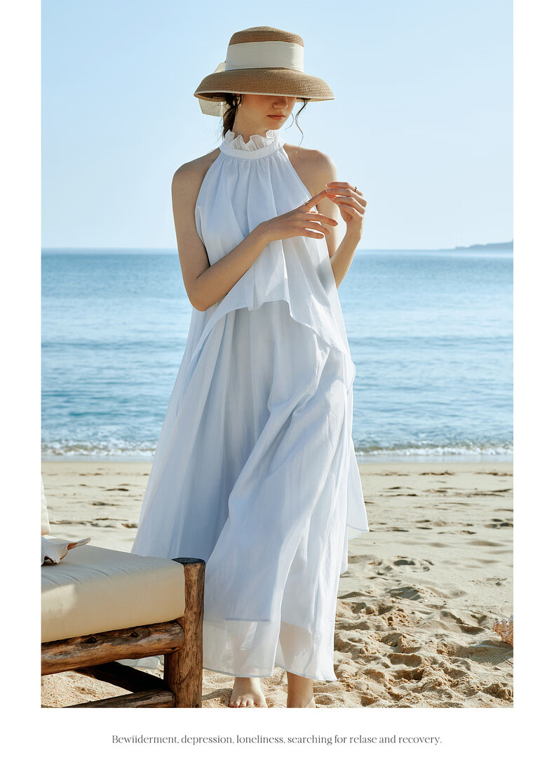 Olrain Lenzing Lyocell Summer Dress Vacation Style Women's Sheer Ruffle Halter Neck Long Dress Blue XL 11