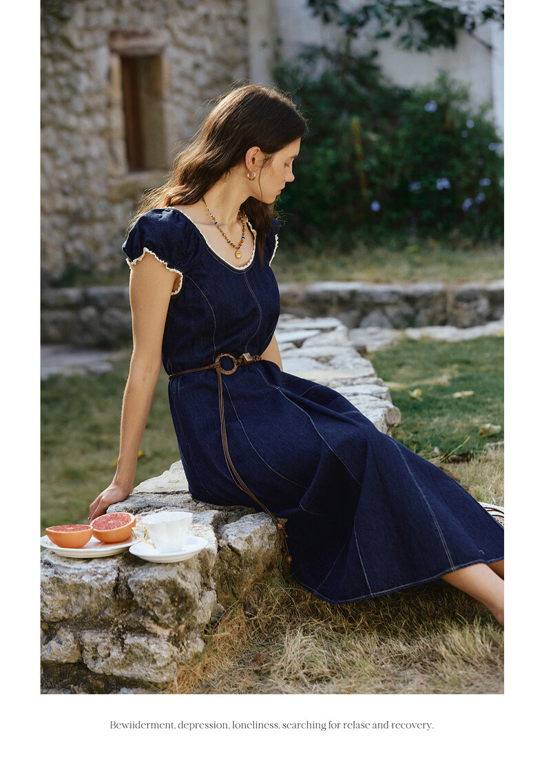 Olrain Eurielle Summer New Retro U-Neck Waist-Slimming Fitted Versatile Denim Dress for Women Denim Blue S 9