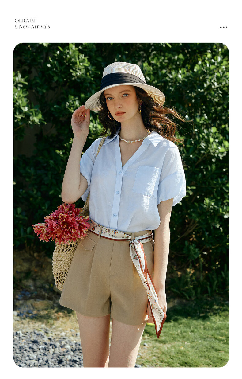 Olrain Eurier Summer New Tencel Puff Sleeve V-Neck Short Sleeve Shirt Women Loose Commuting Top Blue S 2