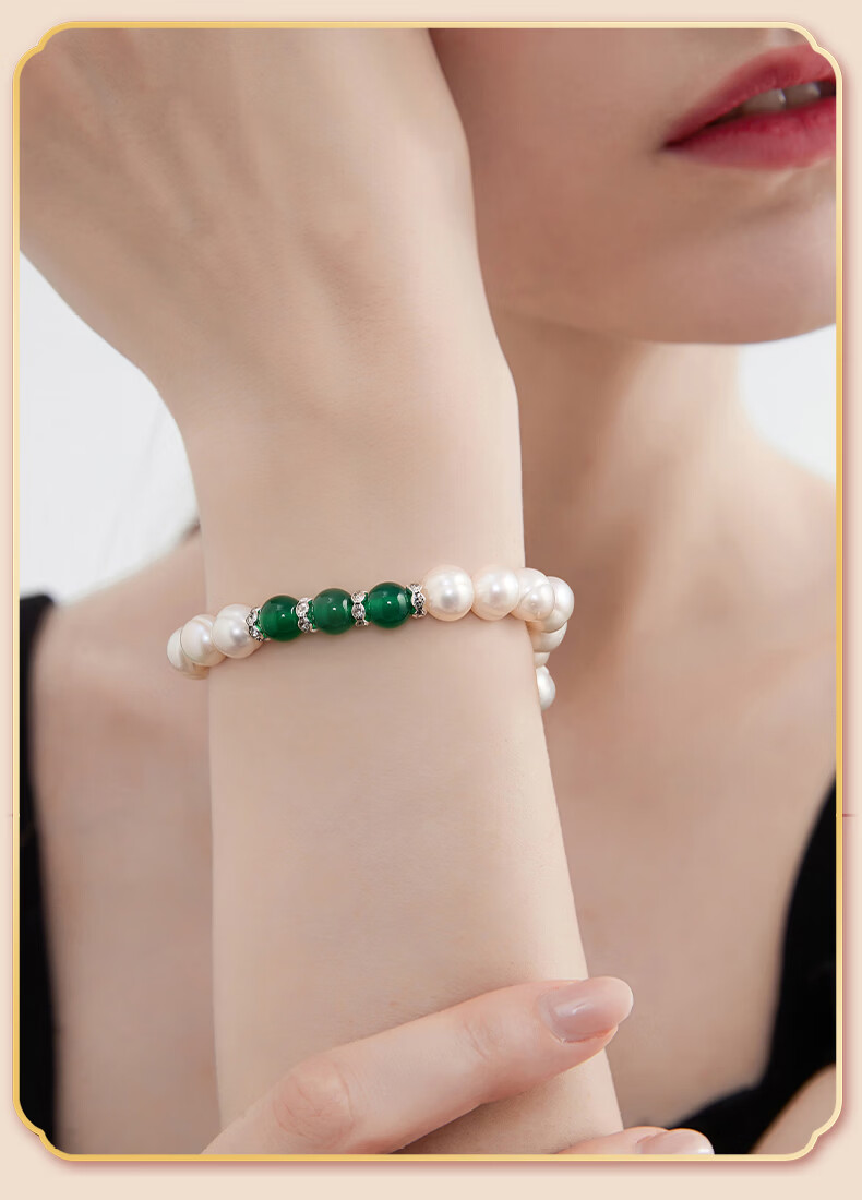Kovny Selected Green Chalcedony Vintage Elegant Pearl Necklace Bracelet Earrings Three-Piece Set Birthday Gift for Mom 8