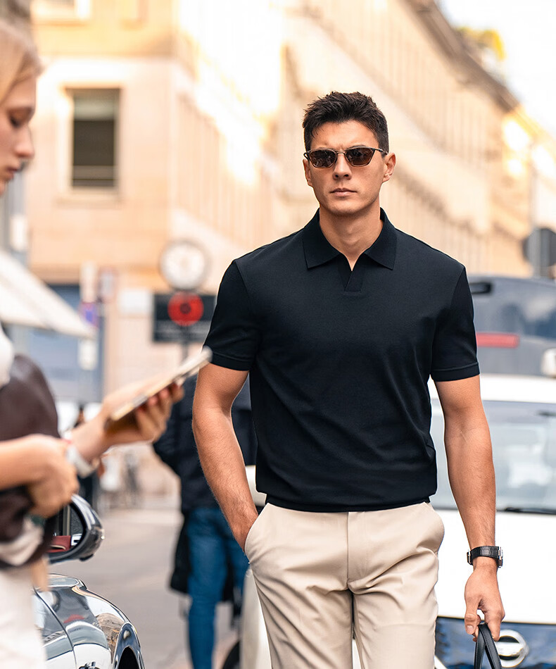 Mr.Bu Exquisite Short Sleeve Seagull Collar Men's T-Shirt 2026 New Dark Color High-End Men's Wear 2