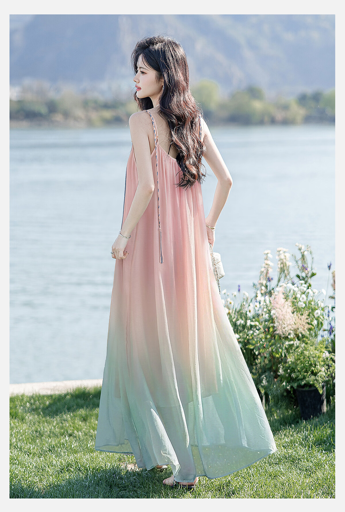 Cypress Gradient Vacation Style Spaghetti Strap Dress for Women 2026 Summer New Fashion Flowing Elegant Long Dress 7